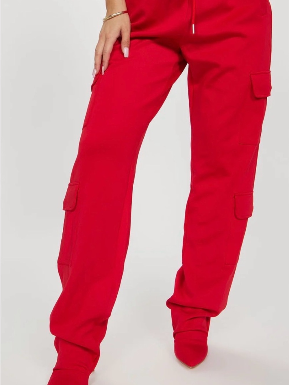 Red Cargo Sweatpants with Drawstring Waist and boots attached